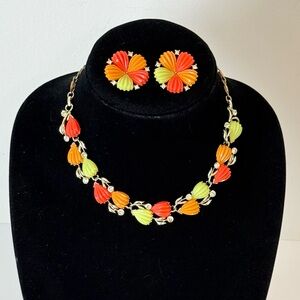 Vintage Lisner Floral Necklace & Clip Earrings Set Orange Green Rhinestone